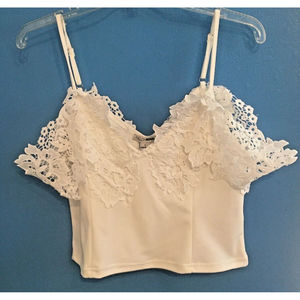 Crop Top Blouse White Bare Shoulder Spaghetti Strap Lace Sleeves
